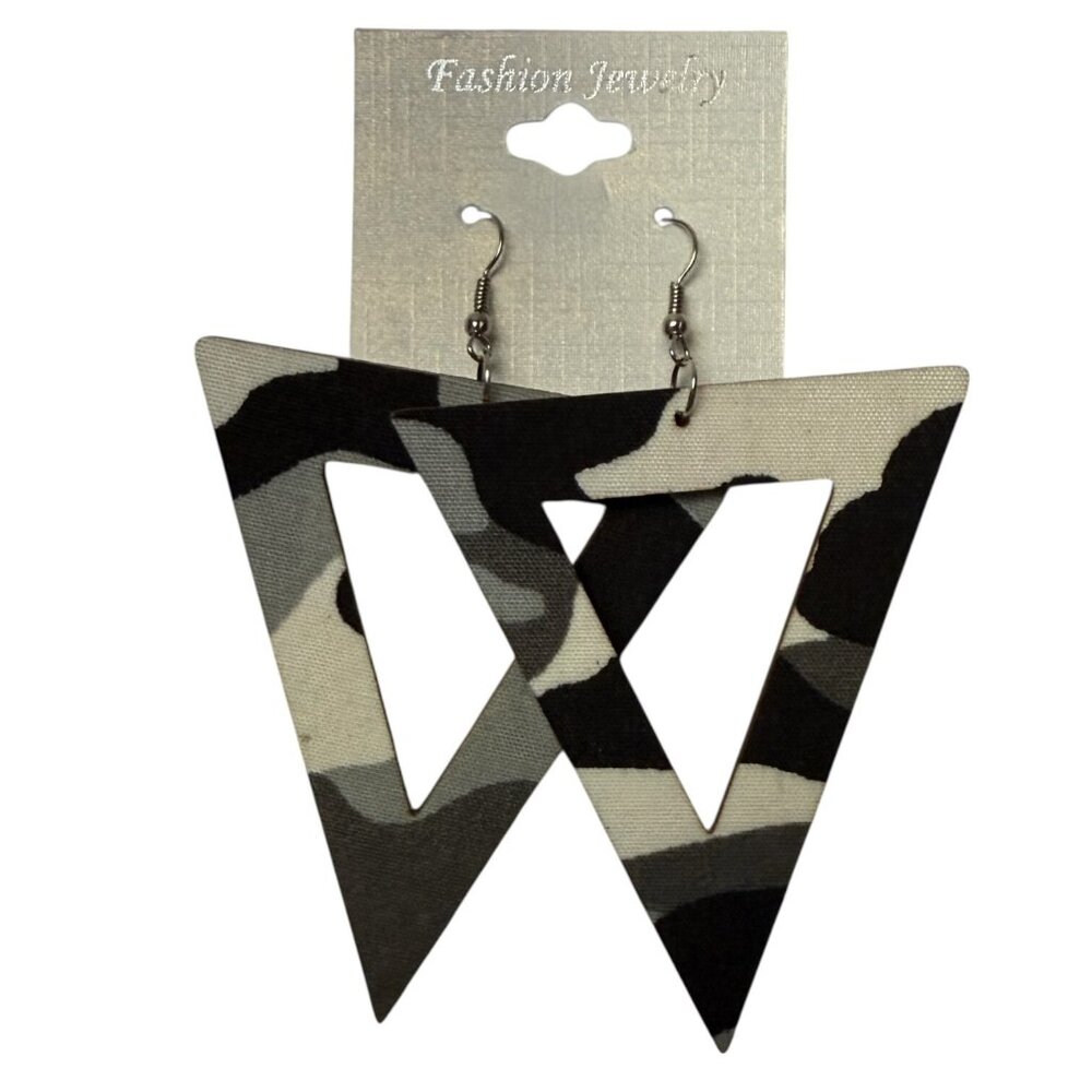 NOC Geometric Black Camouflage Triangle Wooden Fabric Drop Earrings Lightweight